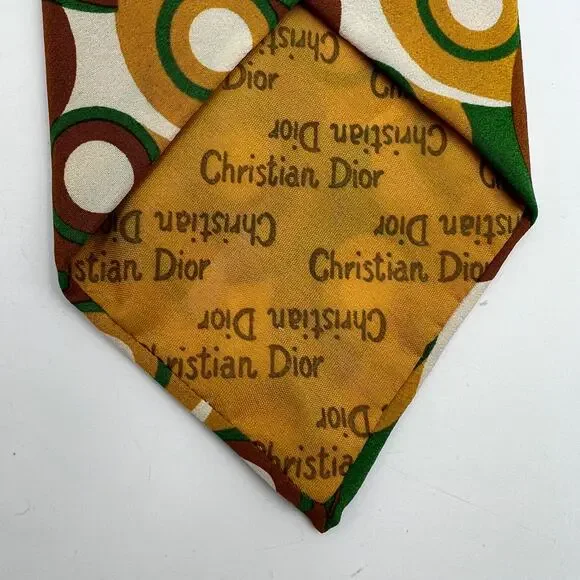 Christian Dior Vintage 60s Silk Tie Geometric Mod Circles Gold Brown Green